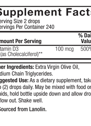 Vitamine D3 4000 IU – Vloeibare Druppels met Olijfolie (240 doseringen / 15 ml) - Nature's Answer - SuperfoodShop